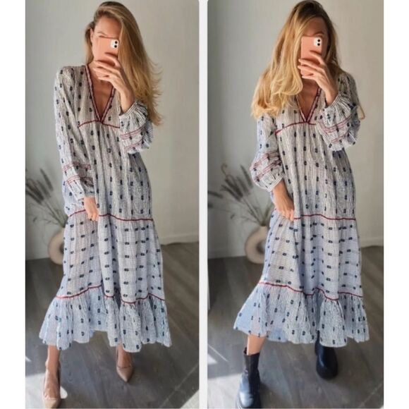 NWOT ZARA WHITE BLUE STRIPE EMBROIDERED KAFTAN DRESS, $150 Large - Picture 1 of 10